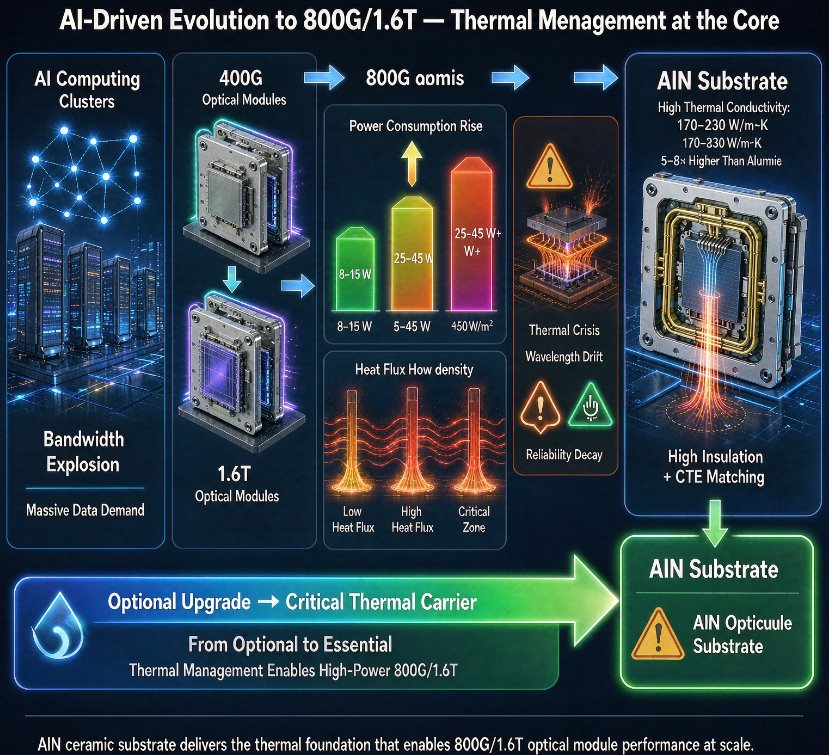 AlN 기판: 800G/1.6T 모듈용 핵심 열 베이스